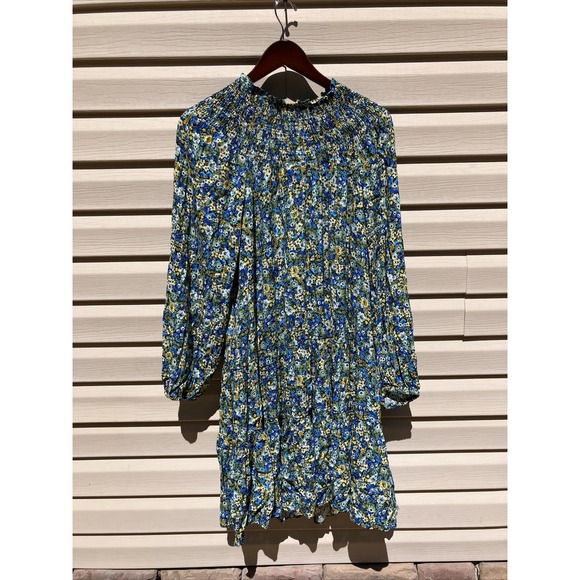 MANGO  MNG Tapestry Long Sleeve Mini Dress Floral Flowers Blue Yellow Size 2 - Picture 1 of 7
